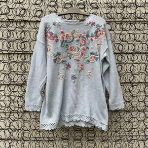 Vintage Granny Cottagecore Floral Long Sleeve Crochet Embroidered Sweater Blue L